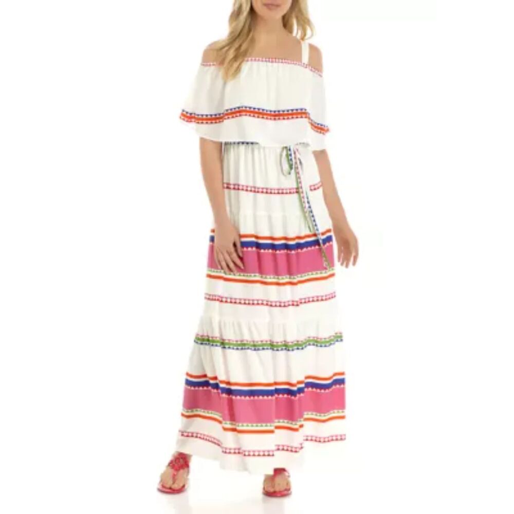 V by Violet Weekend Maxi Dress XL White Multicolor Stripe Ruffle Boho